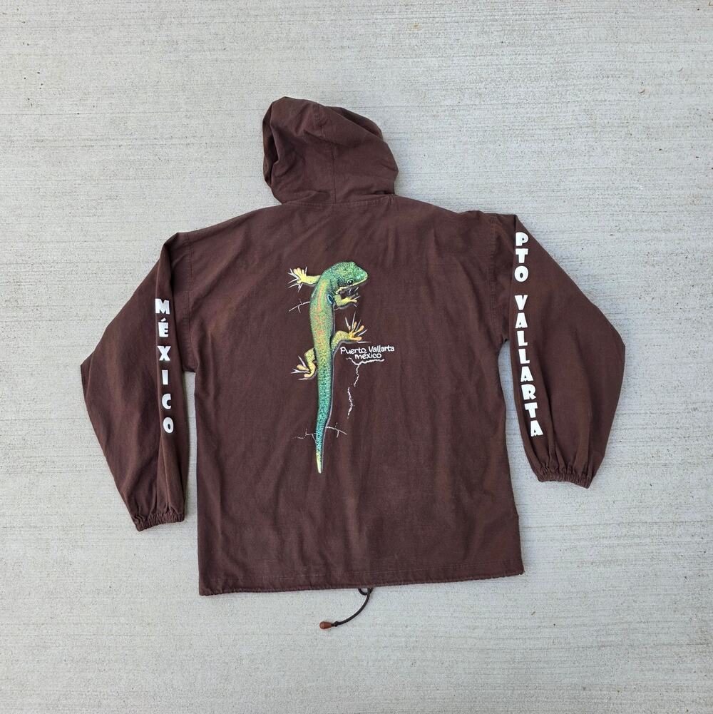 Y2K Mexico Gecko Jacket Puerto Vallarta Brown Zip Hoodie Tourist Graphic